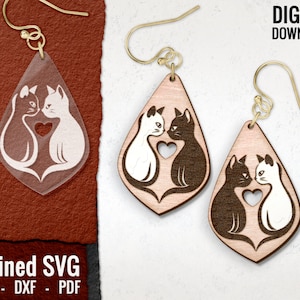 Orecchini "Gatti affettuosi" in formato SVG, file di gatti incisi al laser e scaricabili digitalmente, orecchini in legno con animali, orecchini in acrilico con gattino in formato SVG, uso commerciale