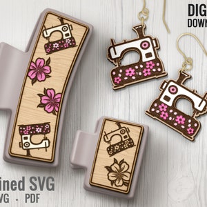 Nähmaschine Haarspangen + passender Ohrring SVG-Datei-Set, Nähen 2 Haarclip-Dateien + Ohrring SVG-Dateien, Set von Krallen-Haarclip Laser Design