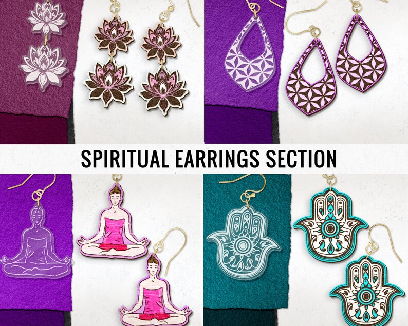 May include: A collection of spiritual earrings featuring lotus flowers, geometric patterns, and Hamsa hand designs. The earrings are in various colors, including pink, white, brown, and turquoise, with gold-colored hooks. The text "SPIRITUAL EARRINGS SECTION" is displayed.