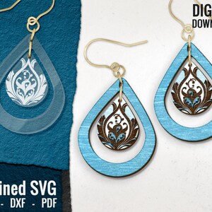 2 Part Teardrop Earring SVG, Floral Earring File Digital Download, Wood Earring SVG, Acrylic Earring SVG, Glowforge Jewelry, COmmercial Use
