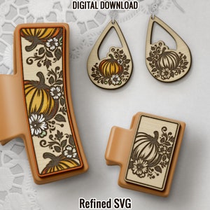 Pinces à cheveux citrouille, boucle d&#39;oreille assortie ensemble de fichiers SVG, 2 fichiers de pince à cheveux citrouille + boucles d&#39;oreilles fichiers SVG, Halloween griffe cheveux pince Laser Design ensemble