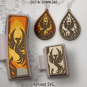 Ensemble SVG de pinces à cheveux et boucles d'oreilles Phoenix pour Machines laser, fichier clip griffe de cheveux Phoenix, ensemble de fichiers SVG boucle d'oreille assortie, barrette à cheveux SVG