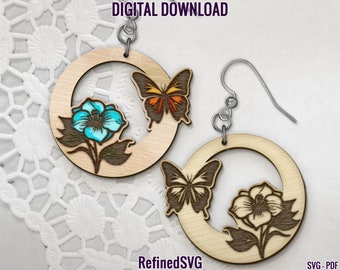 Butterfly Flower Earring SVG: Floral Hoop, Laser Cut File (Commercial Use)
