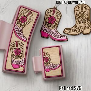 Floral Cowboy Boots Hair Clip Files, Matching Earring SVG Files, 2 Western Hair Clip Files + Earring SVG File, Set of Claw Hair Clip Design