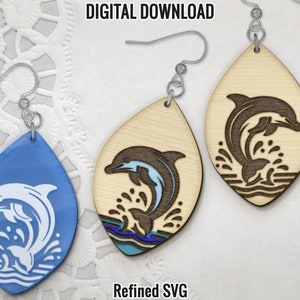 Delfin Ohrring SVG, springender Delfin Laser gravierte Schnittdatei, Delfin Holzohrring-Datei, handgezeichnet, Glowforge Schmuck, kommerzielle Nutzung