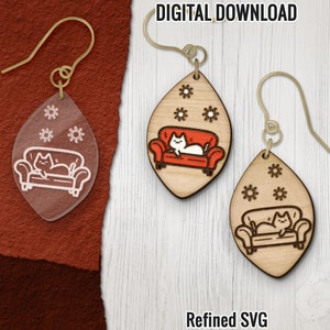 Cat on Sofa Earring SVG,  Cat Earrings Files, Glowforge Jewelry,  Kitten Earring SVG, Kitten Wood Earring Files, Commercial Use