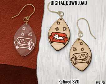 Cat on Sofa Earring SVG,  Cat Earrings Files, Glowforge Jewelry,  Kitten Earring SVG, Kitten Wood Earring Files, Commercial Use