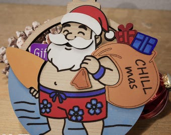 Santa on the Beach Christmas Ornament Gift Card Holder Laser Cut SVG File, Digital File