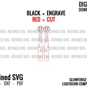 May include: Digital download SVG file for baseball bat earrings. The design includes baseballs, bats with heart cutouts, and the text "BLACK = ENGRAVE, RED = CUT". Compatible with Glowforge and Lightburn.