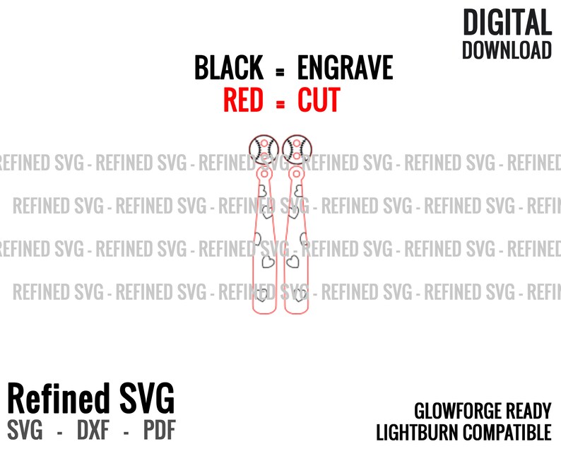 May include: Digital download SVG file for baseball bat earrings. The design includes baseballs, bats with heart cutouts, and the text "BLACK = ENGRAVE, RED = CUT". Compatible with Glowforge and Lightburn.