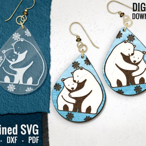 Loving Ice Bear Earring SVG, Cute Polar Bears Laser Engraved Earring Files Digital Download, Animal Wood Earring SVG, Commercial Use