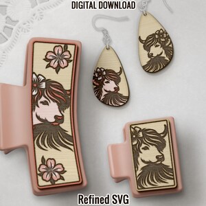 Highland Cow Hair Clips, Matching Highland Cow Earring SVG File Set, Cattle Hair Clip Files, Cow Earring SVG Files, Cow Claw Hair Clip Set