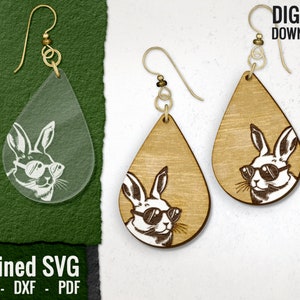 Cool Rabbit Earring SVG, Easter Laser Engraved Earring File Digital Download, Rabbit with Sunglasses Laser Cut File,Glowforge,Commercial Use