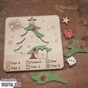 May include: A wooden Christmas-themed board game with a tree design, dice, and star-shaped pieces. The game board has the text "Roll the Dice" and numbered spaces. Additional pieces include a gift and tree ornaments.