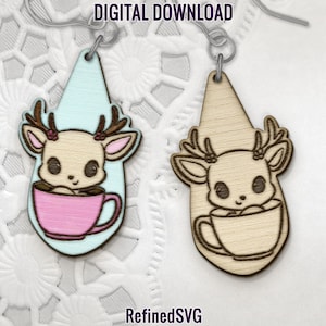 Cute Reindeer in Cup Earring SVG, Reindeer Wood Earring SVG, Winter Earring Cut Files, Christmas Acrylic Earring SVG, Christmas Earring File