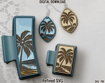 Strand Haarspangen SVG, Strand Ohrring Datei Set, Palm Haarspange Laser Datei, Strand Haarkralle Datei, Strand Ohrring SVG, Sommer Klaue Clip SVG Datei