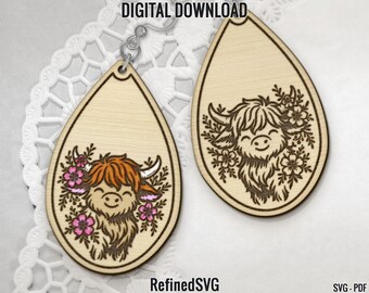Highland Cow Earring SVG File, Cow Laser Cut Acrylic Earrings, Laser Ready Digital Download, Rustic Cow Earring File, Farm Animal Earring