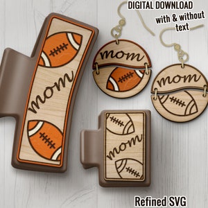Football Mom Hair Clips SVG File, Matching Football Earring SVG File Set, Sports Laser Hair Claw Clip, Large and Small Claw Hair Clip Design