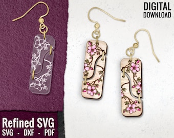 Spring Blossom 2 Part Rectangle Earring SVG, Spring Flower Earring File, Flower Acrylic Earring SVG, Floral Wood Earring SVG, Commercial Use