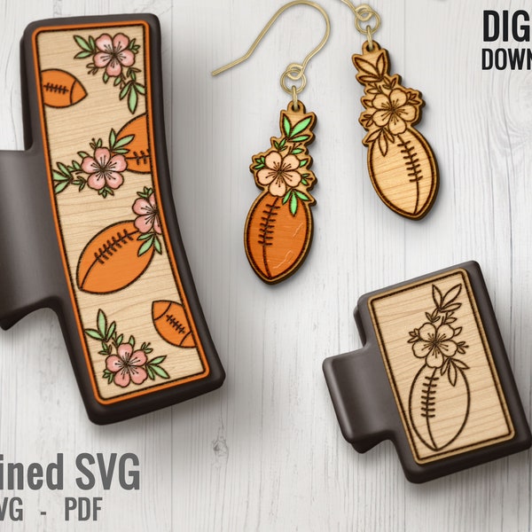 Archivo SVG de corte láser con clip para el cabello y aretes de flores de fútbol