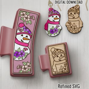 Floral Snowman Hair Clips SVG, Matching Earring SVG File Set, Snowman 2 Hair Clip Files + Earring SVG Files, Winter  Claw Hair Clip File