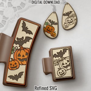 Pinces à cheveux Halloween SVG + ensemble de fichiers boucle d&#39;oreille assortie, pince à clip SVG, fichier laser de pince à cheveux, modèle de griffe de cheveux Jack o Lantern, boucle d&#39;oreille SVG