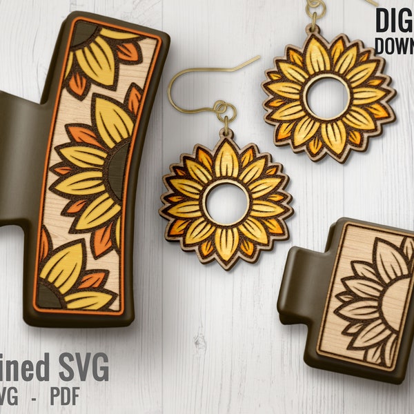 Sunflower Hair Clips SVG + Matching Earring File Set, Sunflower Hair Claw Laser Engraved File, Flower Hair Clip File, Hair Claw Template