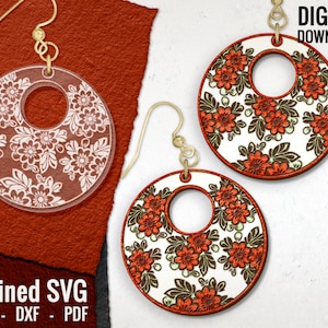 Flower Circular Earring SVG, Floral Circle Earring SVG, Round Earring SVG Files, Flower Wood Earring, Glowforge Jewelry, Commercial Use