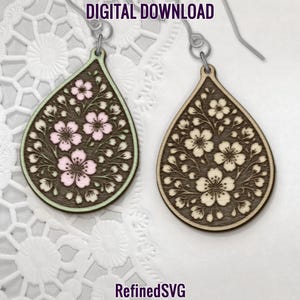 Archivos SVG para aretes de lágrima de flor de cerezo, archivos para aretes de flor, archivos SVG para aretes de primavera, archivos SVG para aretes de flor, archivos para aretes de madera, uso comercial