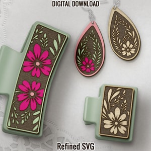 Floral Hair Clip & Earring Laser Cut Design SVG (Digital Download)