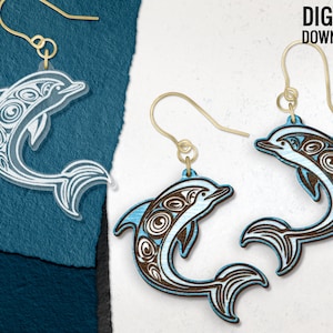 Boucle d'oreille dauphin SVG, fichier de coupe gravé au laser dauphin sautant, fichier boucle d'oreille en bois dauphin, dessinés à la main, bijoux Glowforge, usage commercial