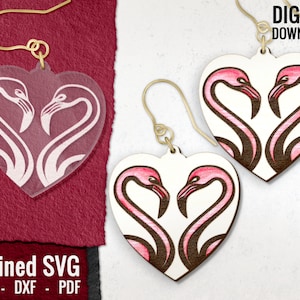Flamingos in Love Earrings SVG, Flamingos Heart Laser Engraved Earring File, Animal Wood Earring SVG, Acrylic Earring SVG, Commercial Use