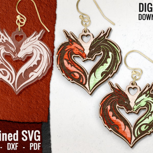 Dragons in Love Earring SVG, Dragons Laser Engraved Earring Files Digital Download, Wood Earring Designs, Acrylic Earring SVG,Commercial Use