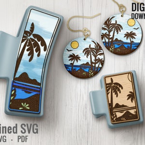 Summer Seaside Palm Ocean View Hair Clips SVG + Matching Earring File Set, Summer Claw Clip SVG, Hair Clip Laser File, Hair Claw Template,