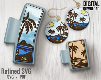 Seaside Palmen Haarspange & Ohrringe SVG Laser File Set (Digitaler Download)