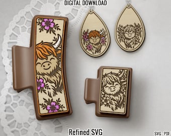 Highland Cow Hair Clip SVG File,  with matching Earring, Rustic Cow Claw Clip Files