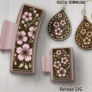 Pinzas para el cabello con diseño de flor de cerezo SVG + juego de archivos para aretes a juego, archivo láser para pinzas para el cabello con diseño de flor de cerezo, plantilla para pinzas para el cabello, aretes SVG, archivo SVG para pinzas de garra