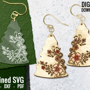 Floral Christmas Tree Earring SVG, Laser Engraved Earrings Digital Download, Winter Laser Earring, Glowforge Jewelry, Commercial Use