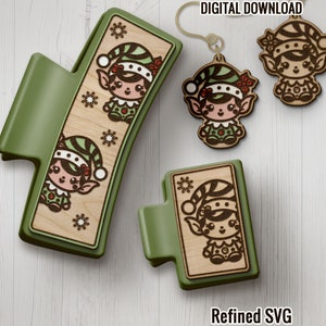 Christmas Elf Hair Clips SVG File, Matching Christmas Elf Earring SVG File Set, Laser Hair Claw Clip, Winter 4.2&quot; and 2&quot; Claw Hair Clip SVG