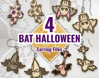 May include: Four digital download files for bat-themed Halloween earrings. The files are in SVG format and include a variety of bat designs, including a bat with floral patterns, a bat with a pink belly, and a bat with a brown belly. The text "4 BAT HALLOWEEN Earring Files Refined SVG SVG-PDF" is displayed on the image.