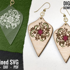 Flower Earring SVG, Floral Laser Engraved Earrings Digital Download, Hand Drawn, Laser Earring File, Flower Wood Earring SVG, Commercial Use