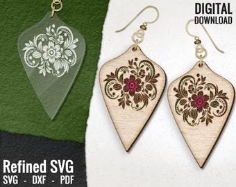 Archivo SVG de aretes florales grabados con láser, archivo de aretes de madera con flores (descarga digital)