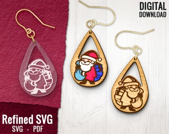 May include: Earrings featuring a Santa Claus design. One pair is clear with a white etched Santa, and two pairs are wooden with a colored Santa design. The earrings have gold-colored hooks. The words "DIGITAL DOWNLOAD" are in the upper right corner.