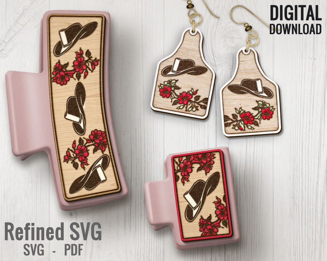 Cowboy Hat Hair Clips Matching Earring SVG File Set, Western 2 Hair
