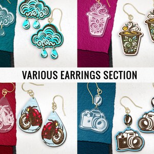 May include: A collection of various earrings, including cloud, coffee cup, motorcycle, and camera designs. The earrings are made of acrylic and wood, with gold-colored hooks. The text "VARIOUS EARRINGS SECTION" is displayed in the center of the image.