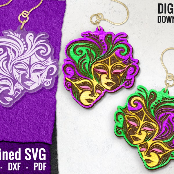 Boucle d'oreille masque de Mardi Gras SVG : fichier de découpe laser Carnaval (téléchargement numérique)