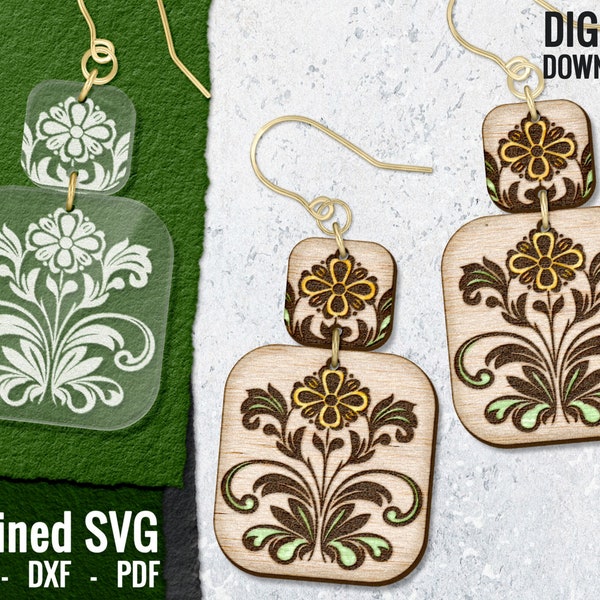 Ornamental Earring SVG, Floral Laser Cut SVG File, Glowforge Ready, Wood Earring SVG, Digital Cut File, Glowforge File, Commercial Use