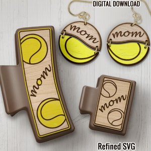 Tennis Mom Hair Clips SVG + Matching Earring File Set, Tennis Claw Clip SVG, Sports Hair Clip Laser File, Tennis Mom Hair Claw Template