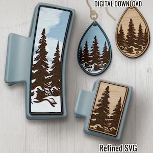 Forest Hair Clips SVG File, Matching Forest Earring SVG File Set, Winter Laser Hair Claw Clip, Winter 4.2&quot; and 2&quot; Claw Hair Clip SVG