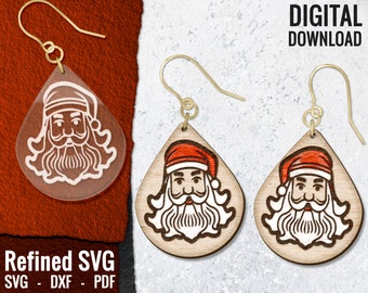 Santa Laser Engraved Earrings SVG, Christmas SVG Digital Download, Laser Cut File, Glowforge, SVG Cut File, Hand-Drawn, Commercial Use